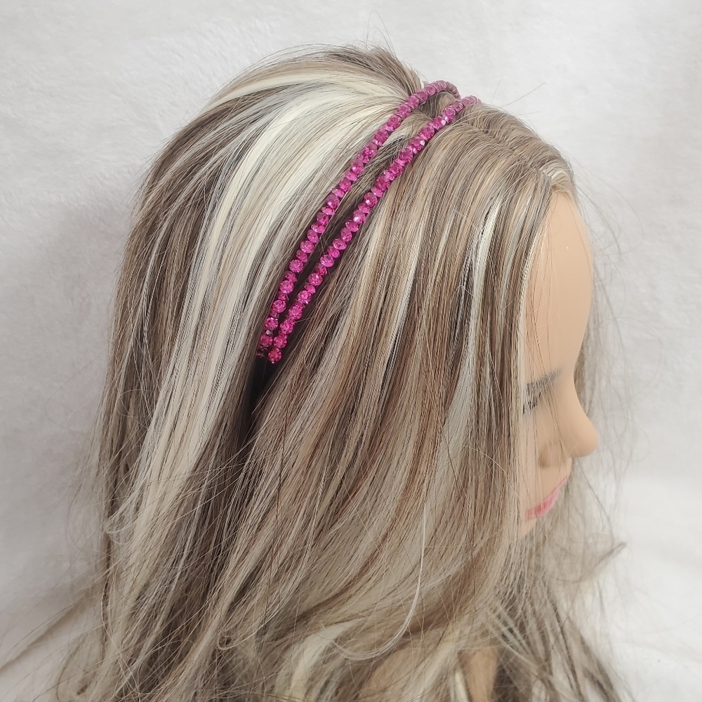 Double Hot Pink Crystal Black Metal Base Hairband